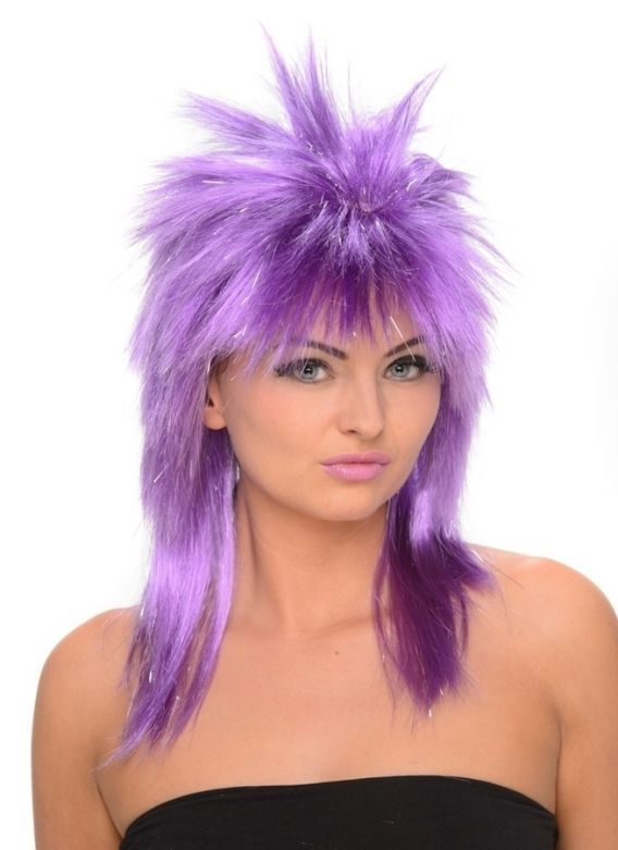 Spiky Neon Paarse Tinsell Pruik